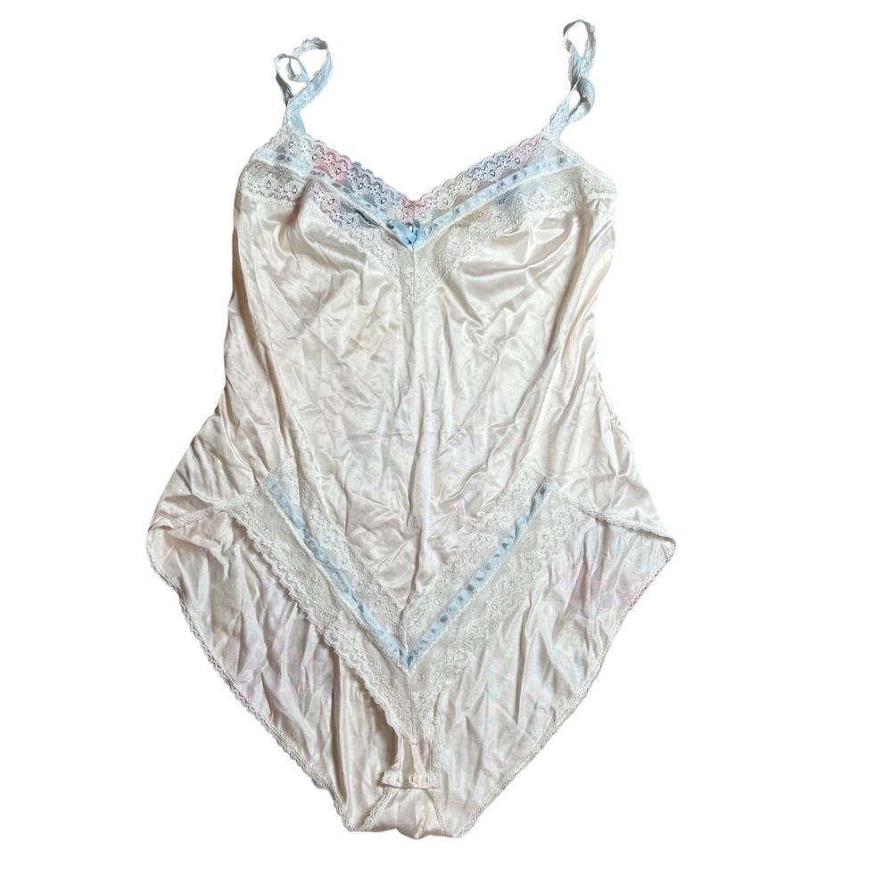 Vintage Cream Satin Lace Teddy Bodysuit Pastel Blue Pink Trim Snap Crotch Medium